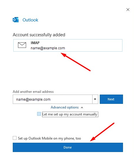 Configuring Outlook - Account Added Successfully