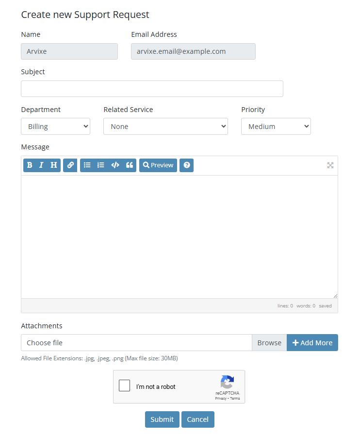 Arvixe Open Ticket - Billing Support Request Form