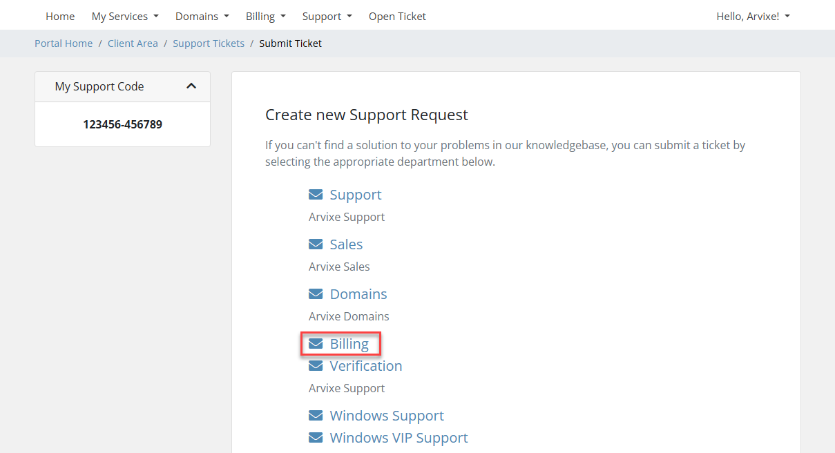 Arvixe Open Ticket - Billing Support Request
