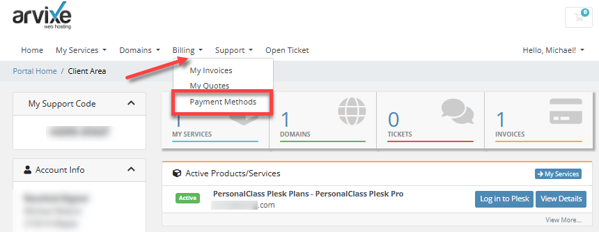 Client Area - Billing tab - Payment Methods