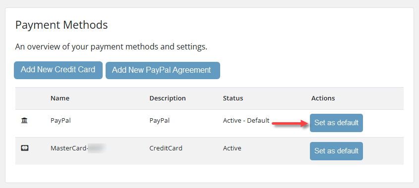 Client Area - Billing tab - Set up as Default