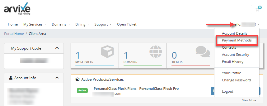 Client Area - Profile Name - Payment Methods